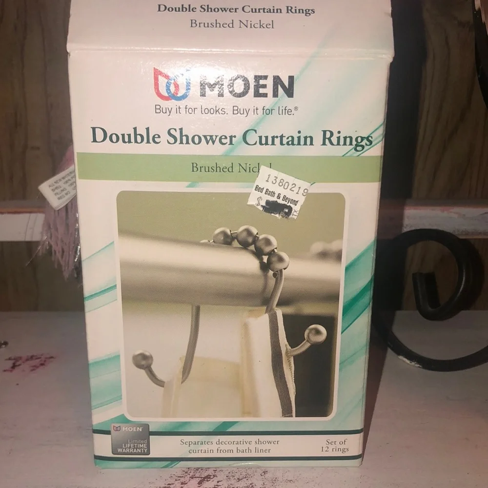 New In Box “MOEN” Double Shower Curtain Rings-Brushed Nickel